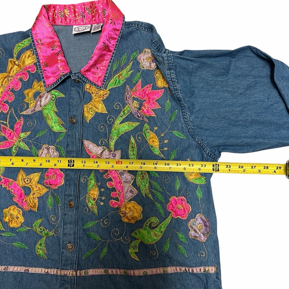 Carolina Blues Plus Denim Jacket 20W Embroidered Floral Boho Pink Collar - Picture 15 of 16